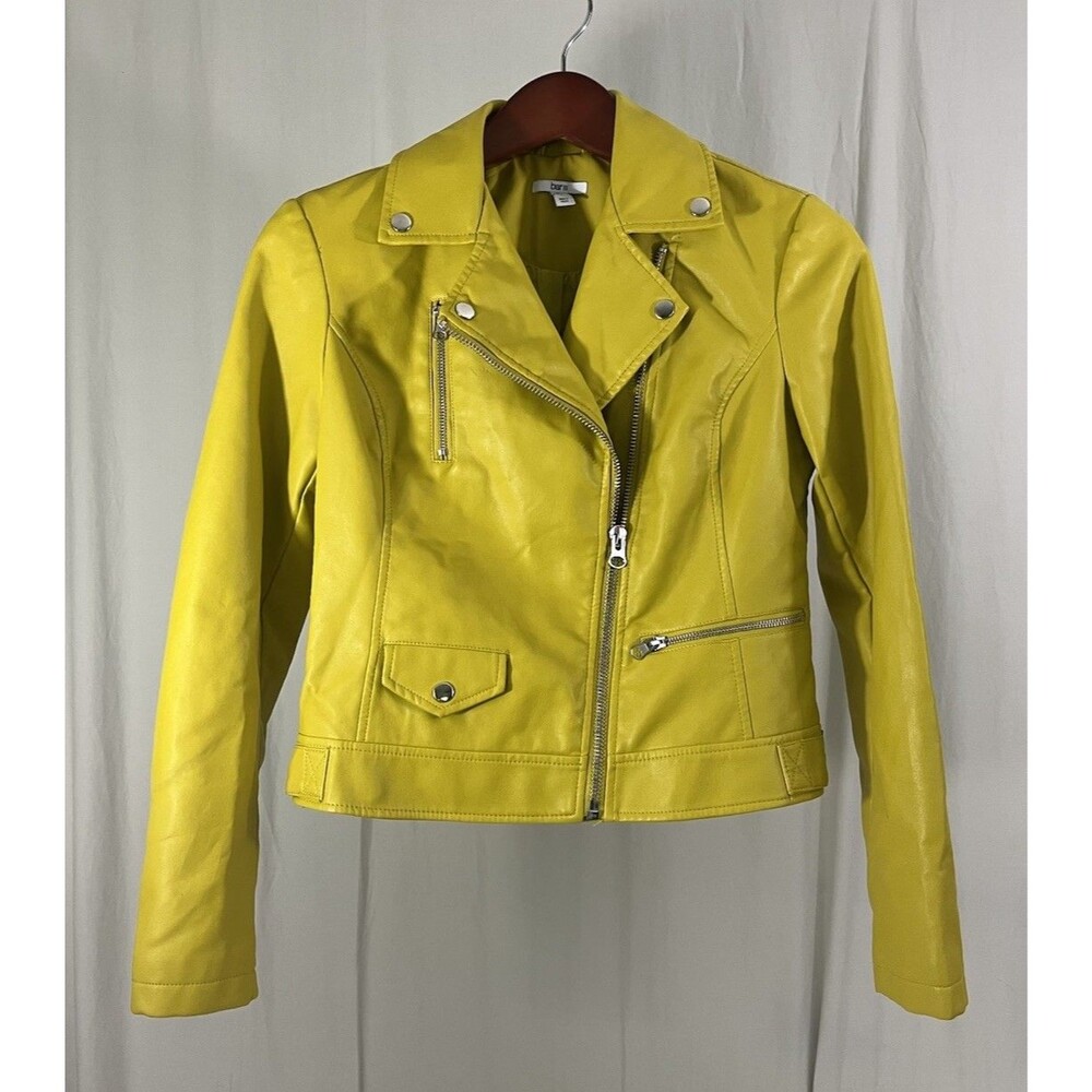 Bar III Yellow Biker Jacket Asymmetrical Zipper Button Women's Sz S Moto Grunge